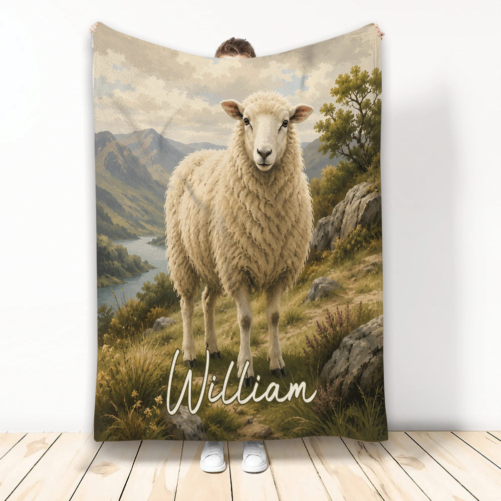 Sheep throw blanket featuring a peaceful mountain valley landscape and rustic outdoor artwork