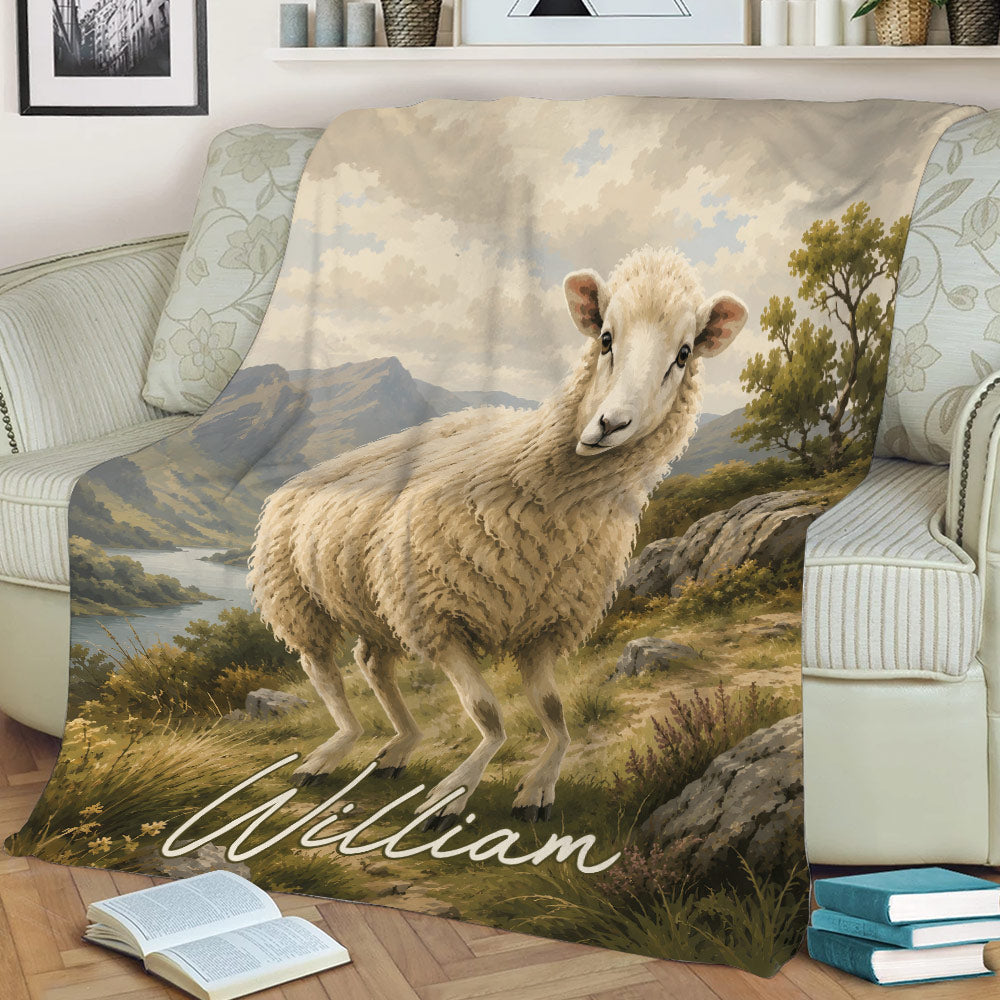 Sheep throw blanket displayed on a sofa with a tranquil mountain lake and meadow scene