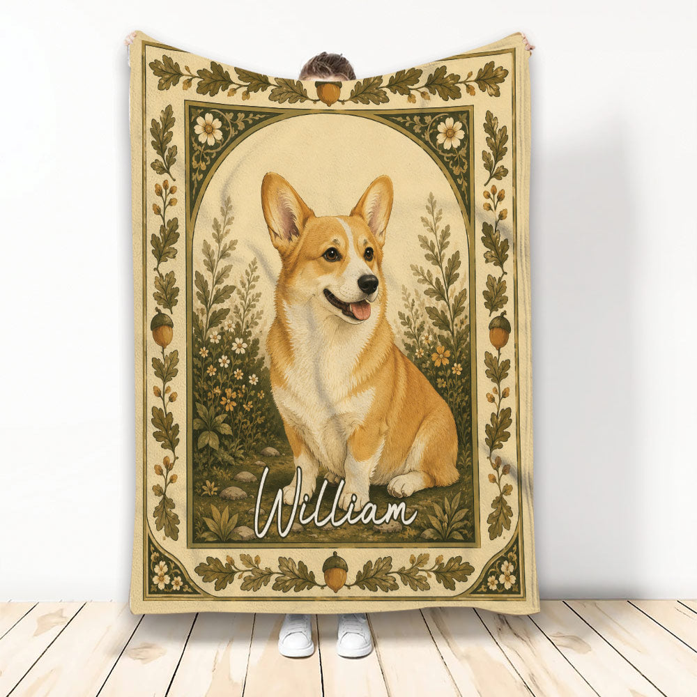 Corgi throw blanket displayed upright with rustic botanical border and woodland-inspired artwork
