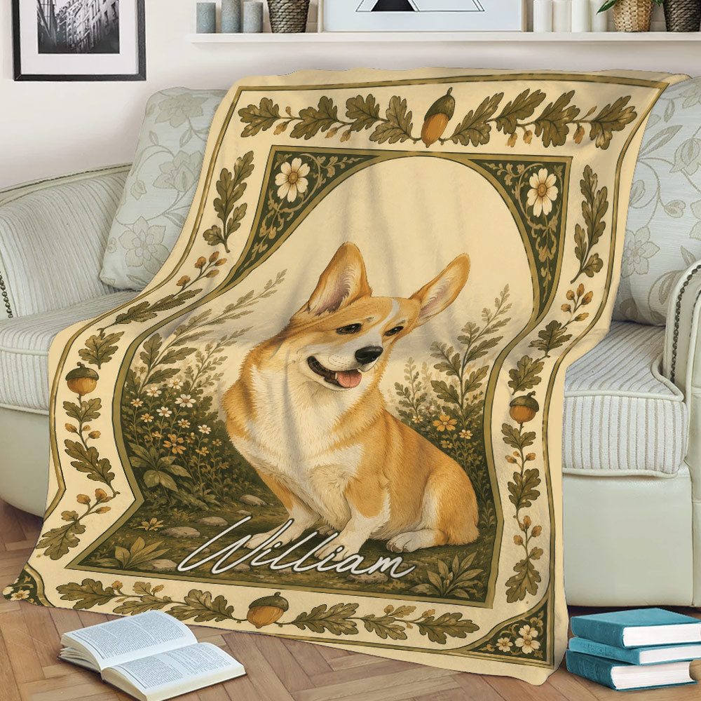 Rustic corgi throw blanket styled on a sofa with botanical artwork and cozy reading scene