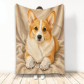 Corgi throw blanket with warm watercolor-style artwork and a cozy neutral background