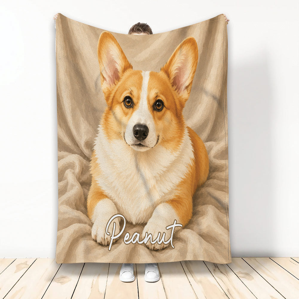 Corgi throw blanket with warm watercolor-style artwork and a cozy neutral background