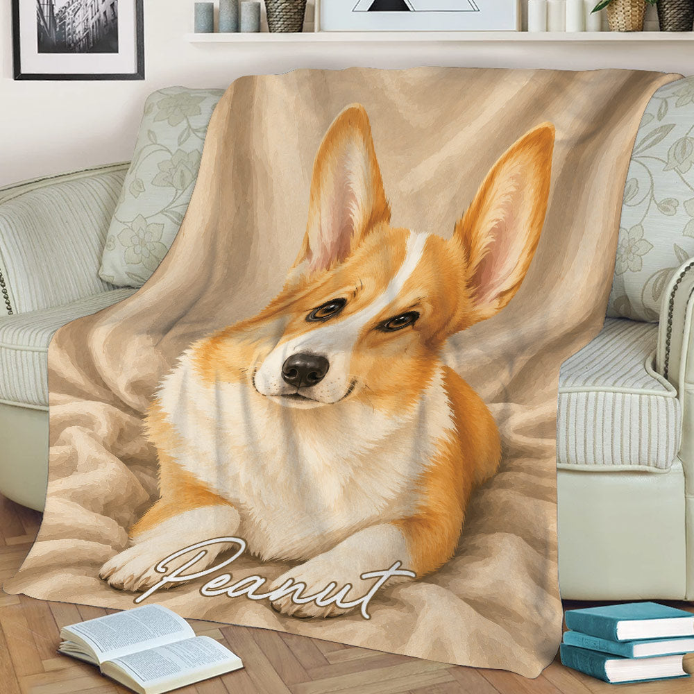 Corgi throw blanket displayed on a sofa with a relaxed watercolor dog portrait