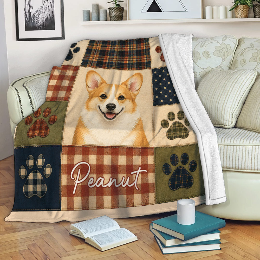 Corgi blanket draped over a sofa with plaid panels, paw prints, and warm rustic colors