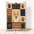 Corgi throw blanket displayed with a smiling Corgi portrait, plaid patchwork, and paw-print designs