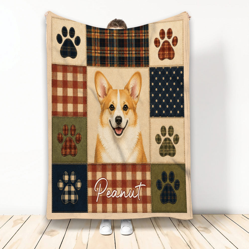 Corgi throw blanket displayed with a smiling Corgi portrait, plaid patchwork, and paw-print designs
