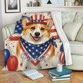 Patriotic corgi blanket displayed on a sofa with stars, stripes, balloons, and bold red white and blue artwork