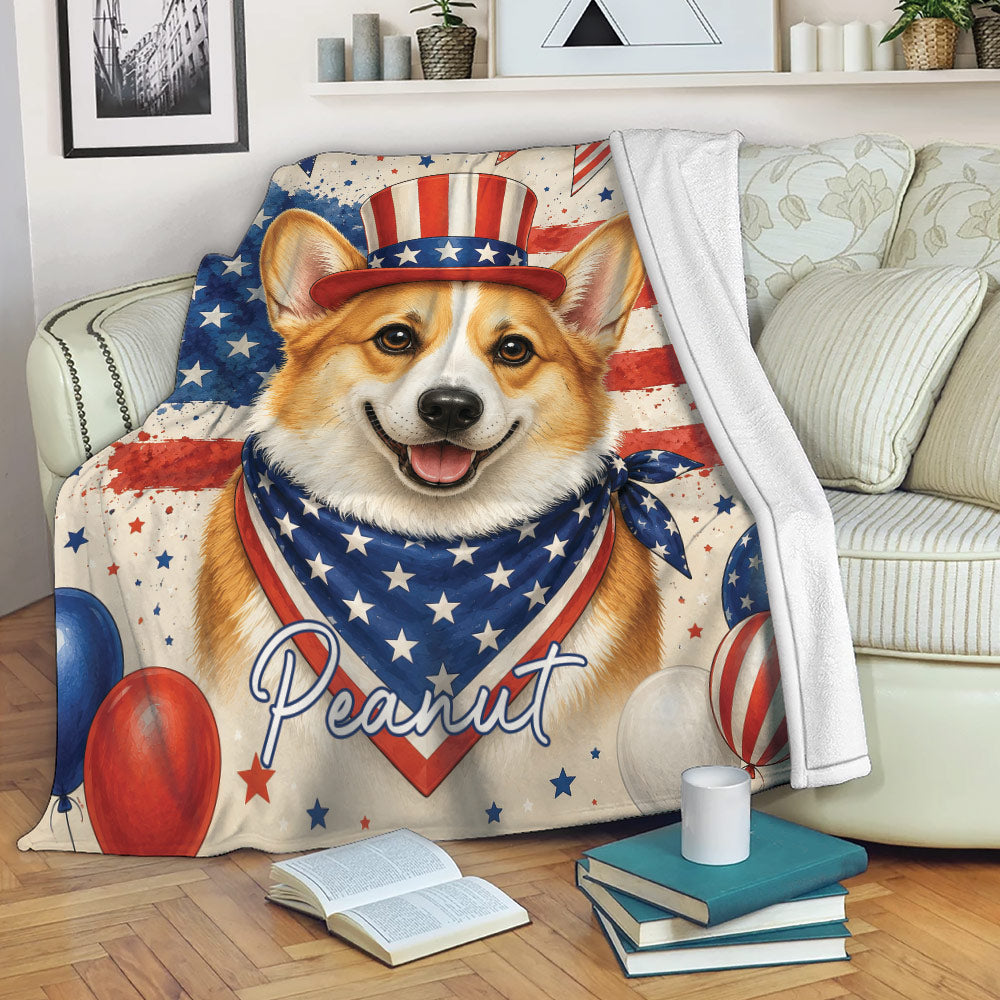 Patriotic corgi blanket displayed on a sofa with stars, stripes, balloons, and bold red white and blue artwork