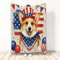 Patriotic corgi throw blanket featuring an American flag theme, stars, stripes, balloons, and red white and blue artwork