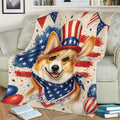 Corgi throw blanket close-up with patriotic hat and bandana artwork on a red white and blue star background
