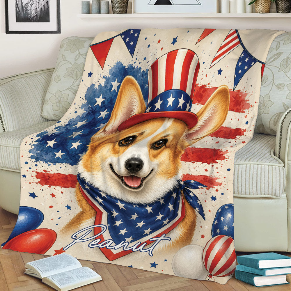 Corgi throw blanket close-up with patriotic hat and bandana artwork on a red white and blue star background