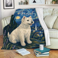 Westie blanket draped over a sofa with colorful night sky and village artwork