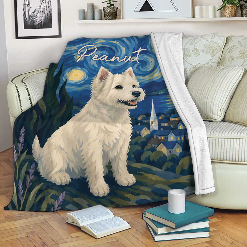 Westie blanket draped over a sofa with colorful night sky and village artwork