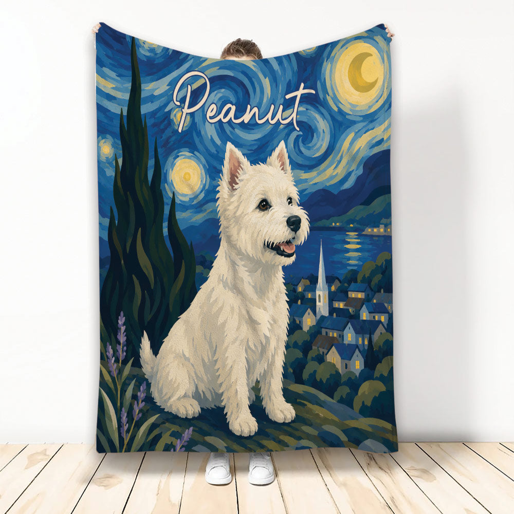 Westie throw blanket with a white terrier in a swirling blue night landscape