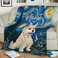 West Highland White Terrier blanket displayed on a sofa with blue scenic artwork