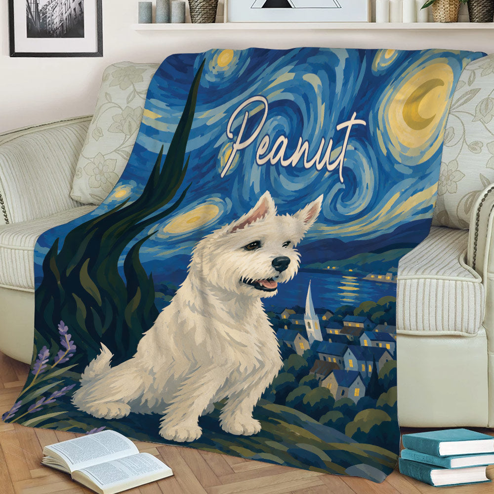 West Highland White Terrier blanket displayed on a sofa with blue scenic artwork