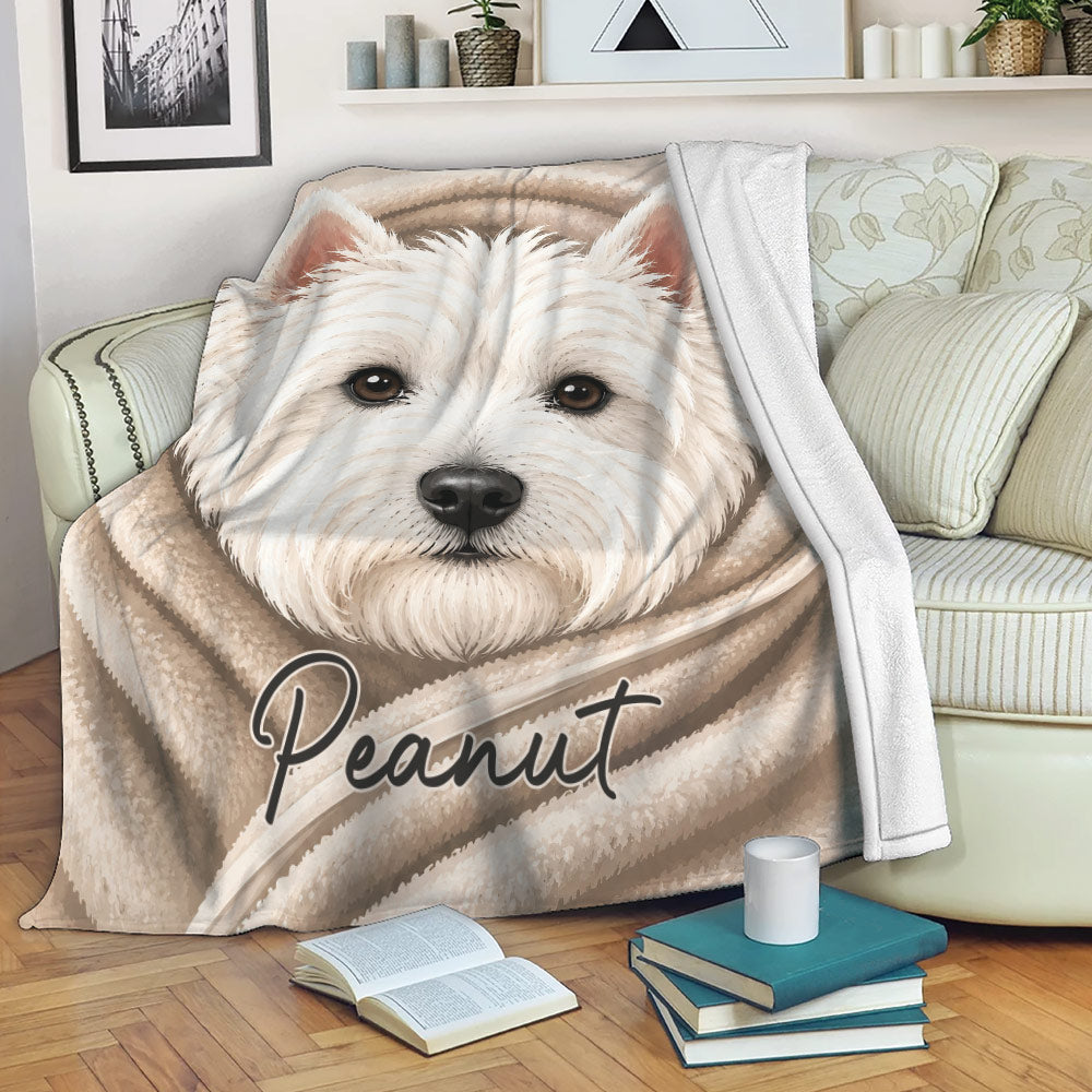 Westie throw blanket displayed on a sofa with a close-up white terrier design in soft beige tones