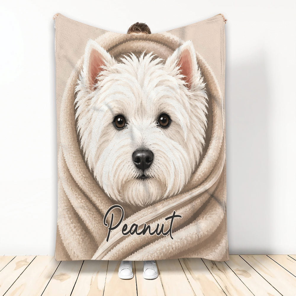Westie throw blanket featuring a fluffy white West Highland White Terrier wrapped in a warm beige design
