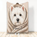 Westie throw blanket featuring a fluffy white West Highland White Terrier wrapped in a warm beige design