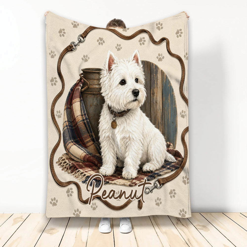 Westie throw blanket featuring a white West Highland Terrier, paw prints, plaid fabric, and rustic leather artwork