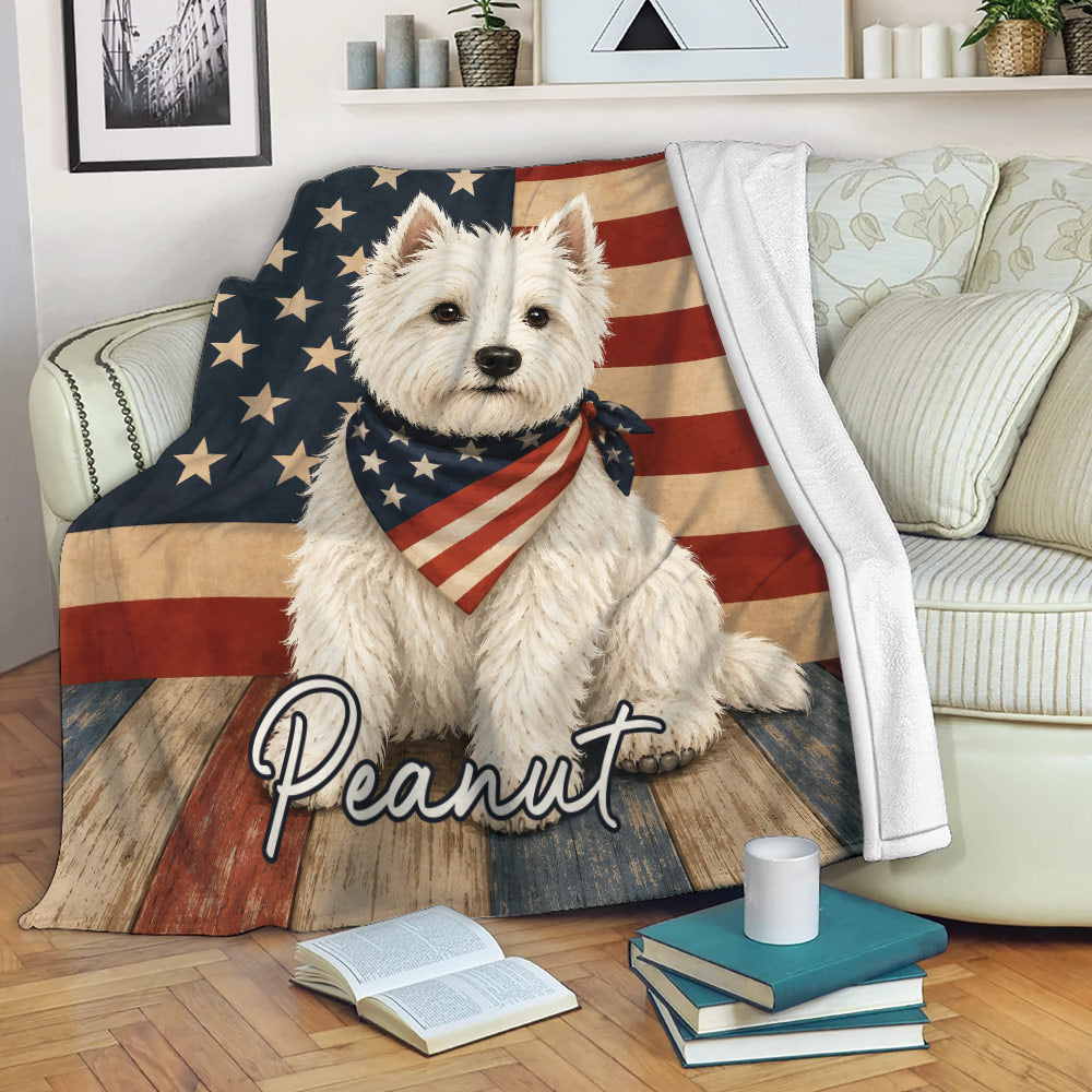 Westie blanket draped over a sofa, featuring a white terrier and American flag-inspired design