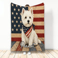 Westie throw blanket featuring a white terrier with patriotic stars and stripes artwork
