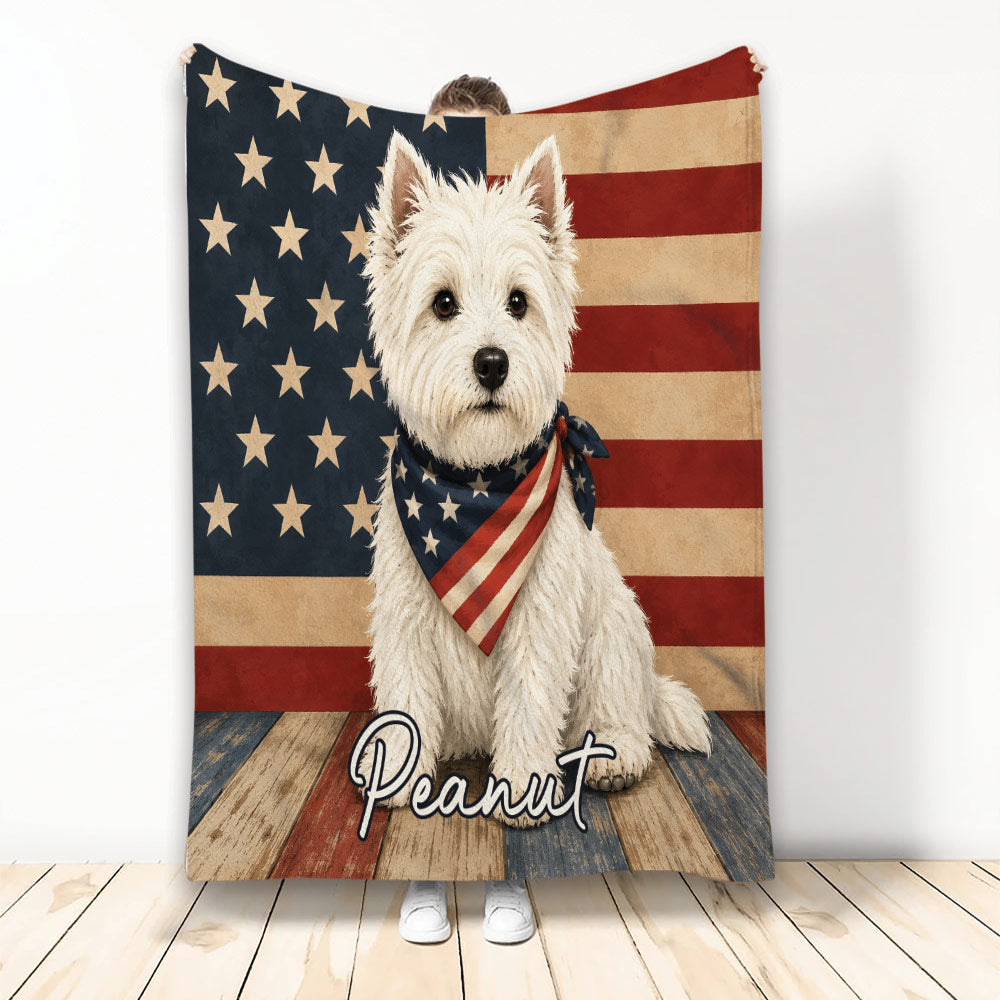 Westie throw blanket featuring a white terrier with patriotic stars and stripes artwork