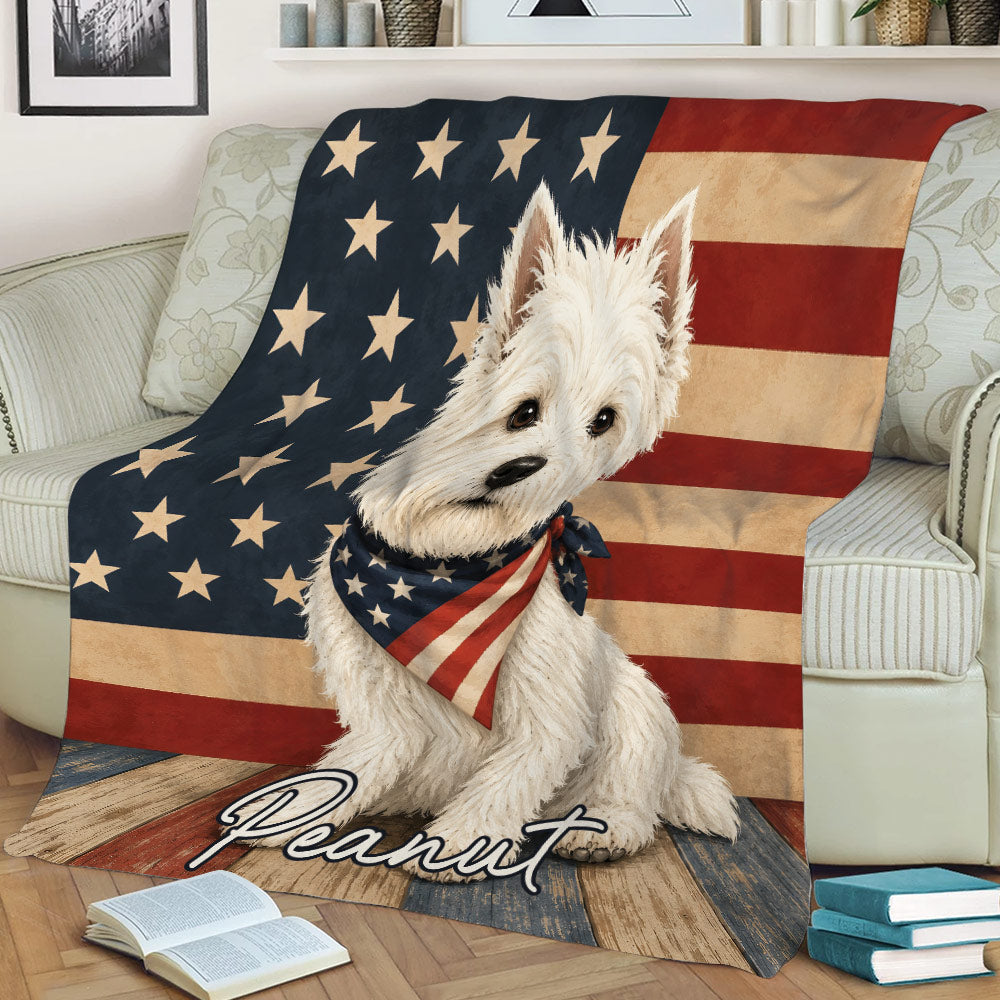 West Highland White Terrier throw blanket with patriotic artwork displayed on a living room sofa
