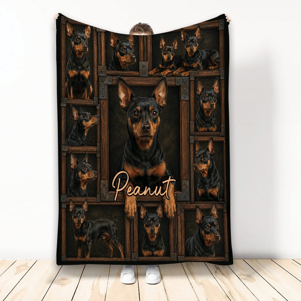Miniature Pinscher throw blanket featuring black-and-tan dogs in rustic wooden frame artwork