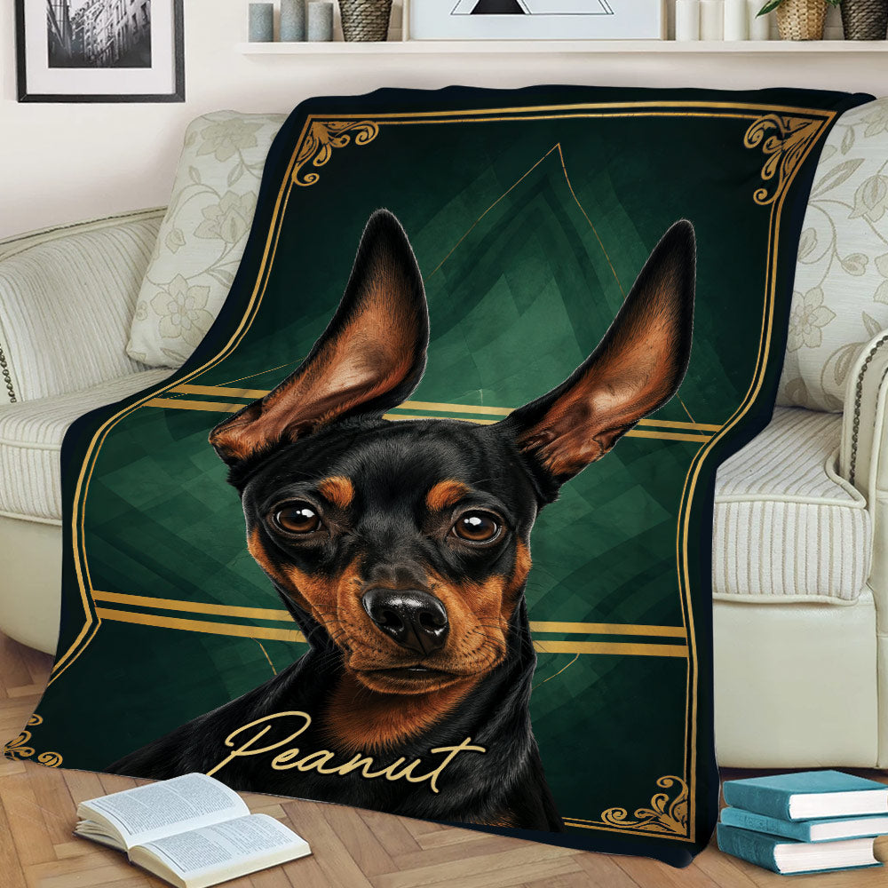 Close view of a black and tan Miniature Pinscher blanket styled across a sofa with ornate gold accents