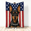 Miniature Pinscher blanket with a black and tan dog portrait against a patriotic stars and stripes background
