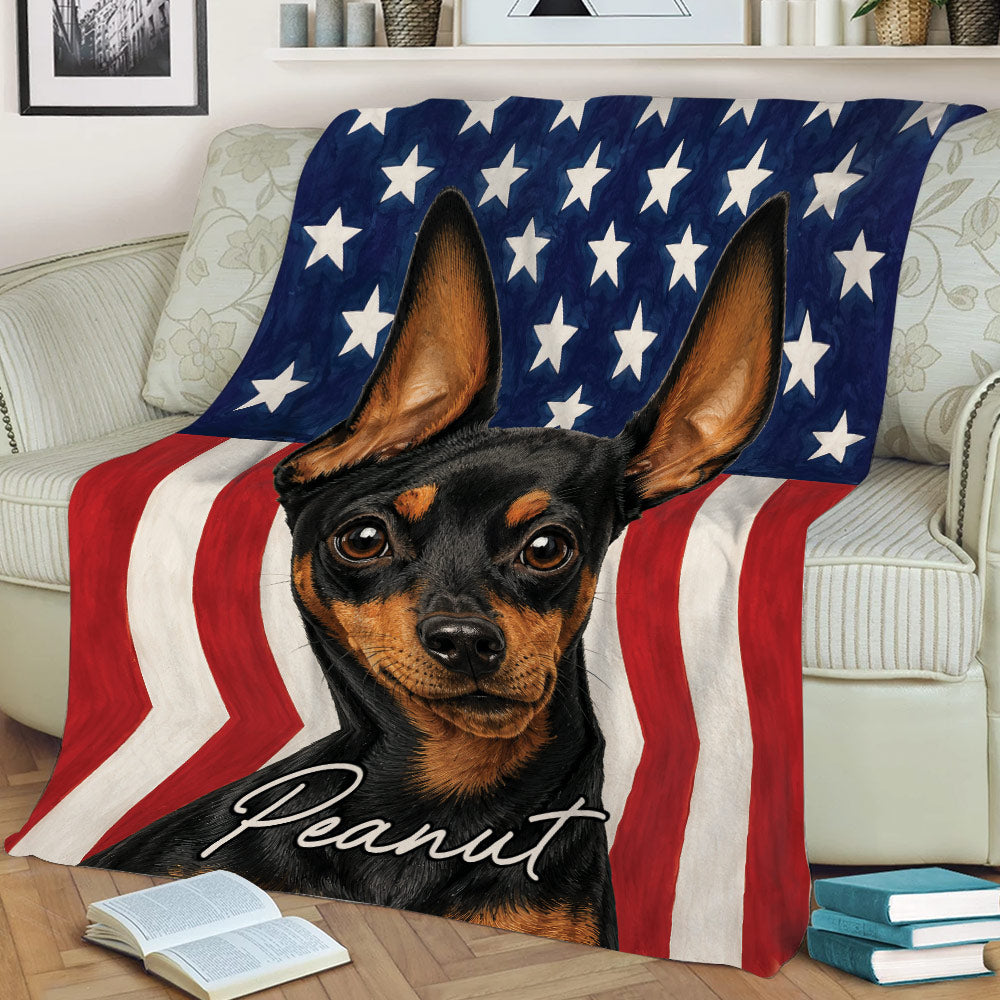 Miniature Pinscher couch blanket featuring a black and tan dog and American flag artwork