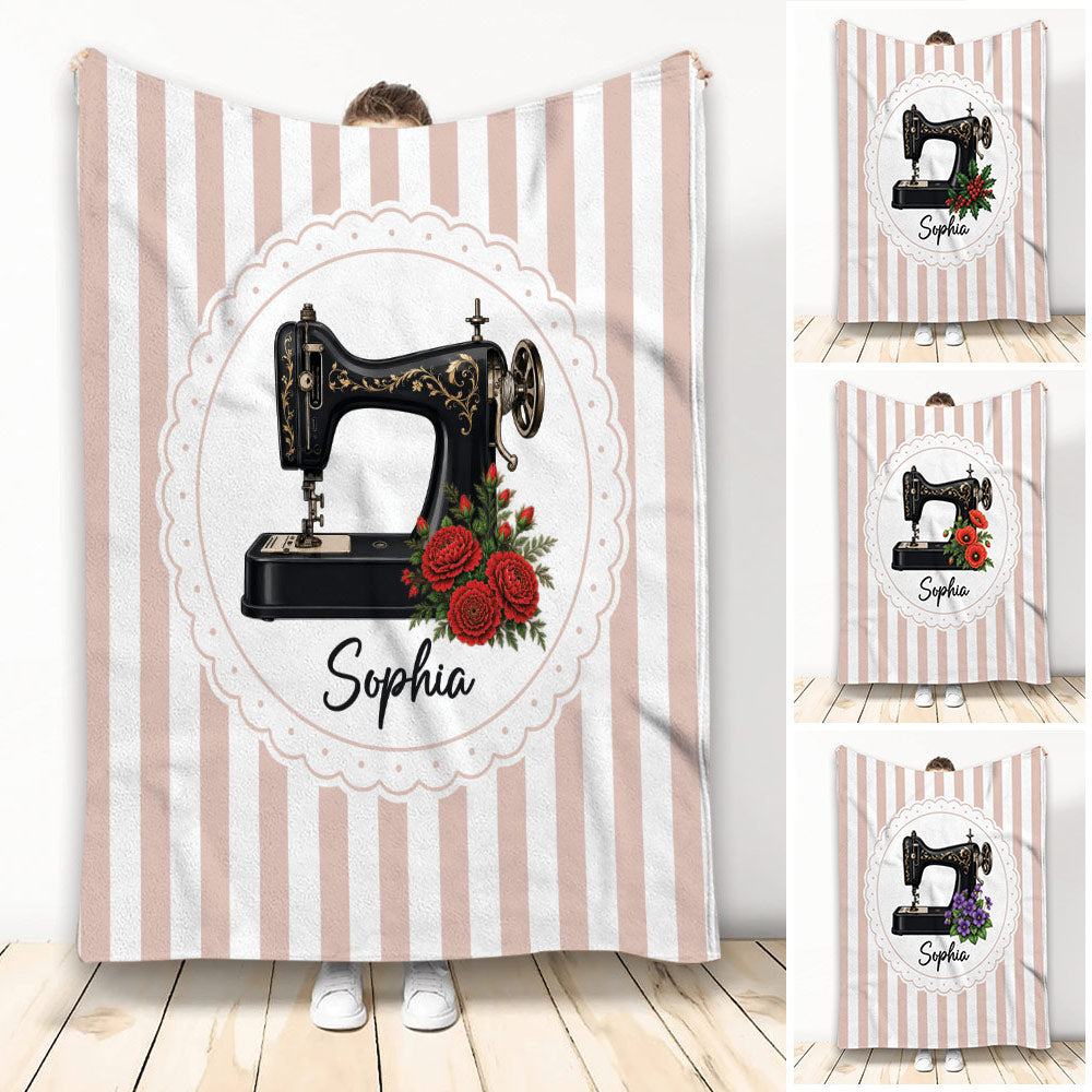 Custom sewing throw blanket with vintage sewing machine, floral bouquet, and soft pink striped design