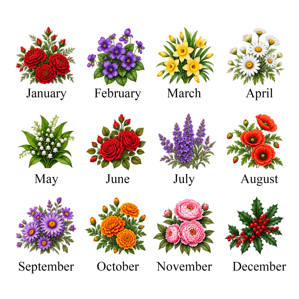 Floral artwork selection guide showing flower designs for different months