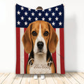 Patriotic Beagle throw blanket displayed vertically with stars and red and white flag stripes