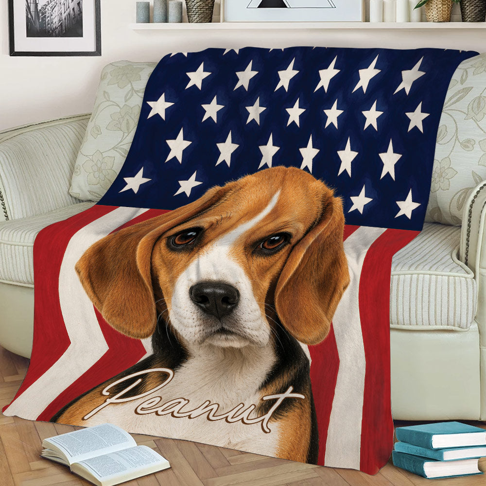 Close view of a Beagle throw blanket featuring stars and bold red, white, and blue artwork