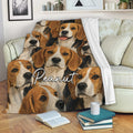 Beagle throw blanket draped over a sofa with repeating dog artwork in a cozy living room