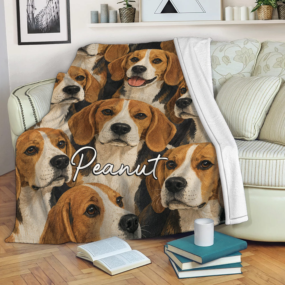 Beagle throw blanket draped over a sofa with repeating dog artwork in a cozy living room