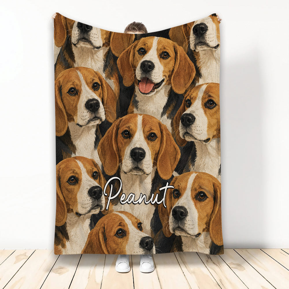 Beagle throw blanket displayed vertically with a repeating pattern of brown and white beagle faces