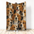Beagle throw blanket displayed vertically with a repeating pattern of brown and white beagle faces