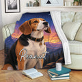 Beagle blanket displayed on a sofa with colorful mountain sunset artwork and a cozy reading nook