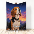 Beagle throw blanket with expressive dog artwork, mountain sunset scenery, moonlit sky and evergreen trees