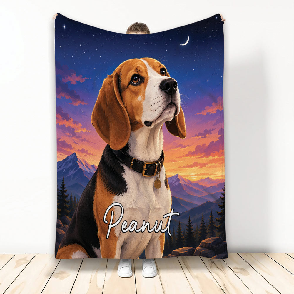 Beagle throw blanket with expressive dog artwork, mountain sunset scenery, moonlit sky and evergreen trees