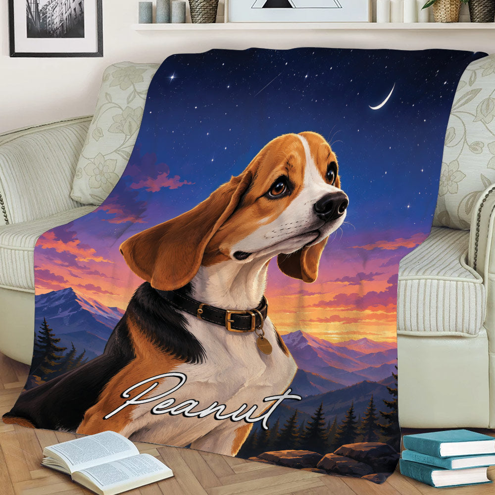 Beagle throw blanket draped across a couch, featuring a starry sky, sunset mountains and forest scenery