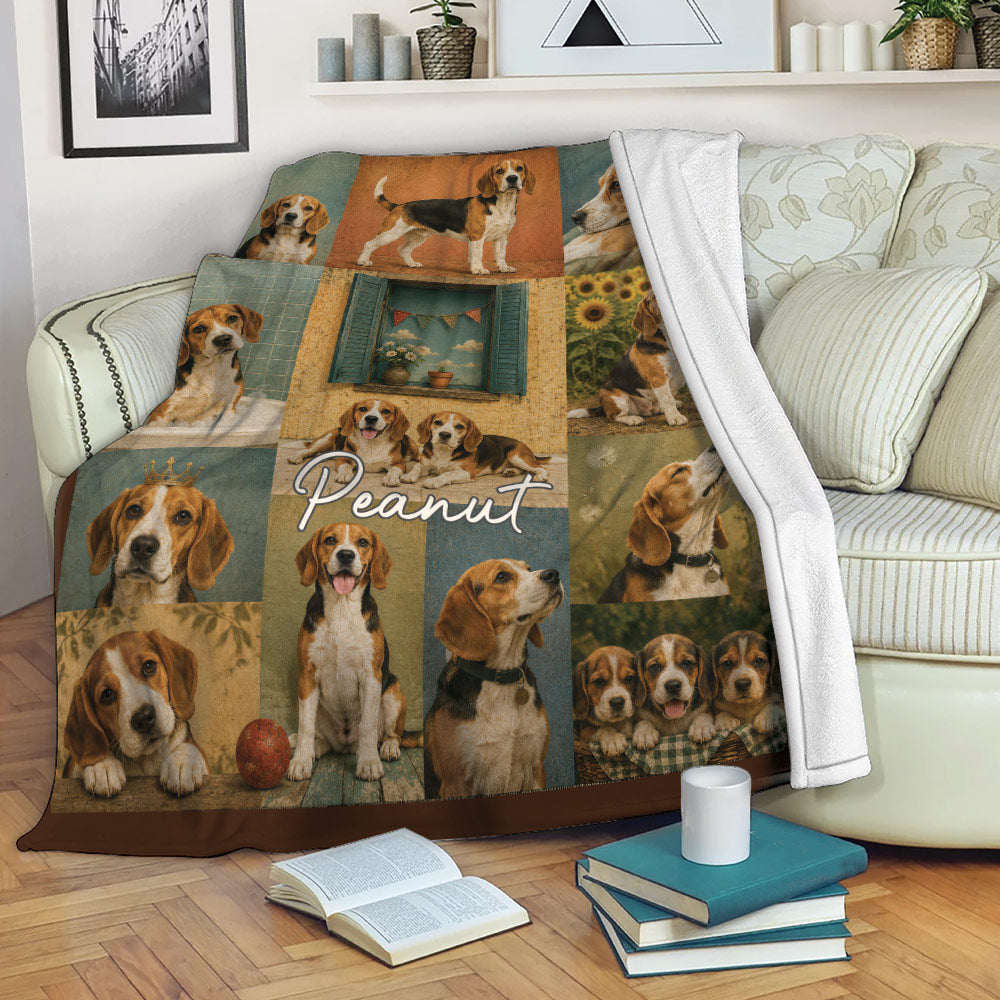 Beagle throw blanket draped over a sofa, featuring vintage-style Beagle artwork