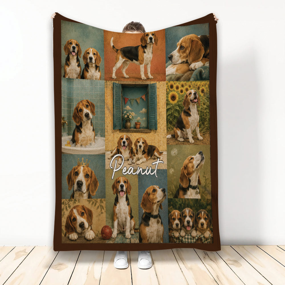 Custom Beagle throw blanket displayed upright with a rustic collage of Beagle portraits