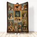 Custom Beagle throw blanket displayed upright with a rustic collage of Beagle portraits