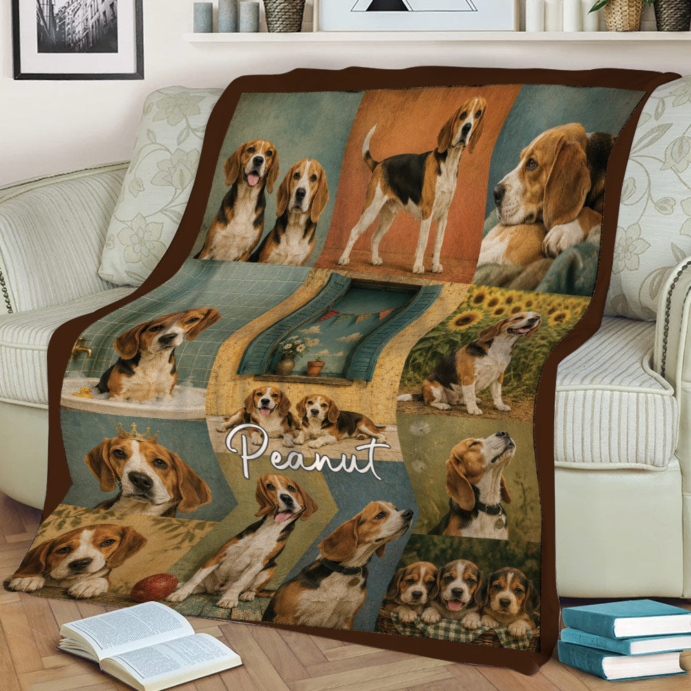 Close view of a Beagle throw blanket on a sofa with rustic collage dog portraits