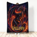 Fiery fantasy dragon blanket displayed vertically with dark wings, glowing flames, and cosmic artwork
