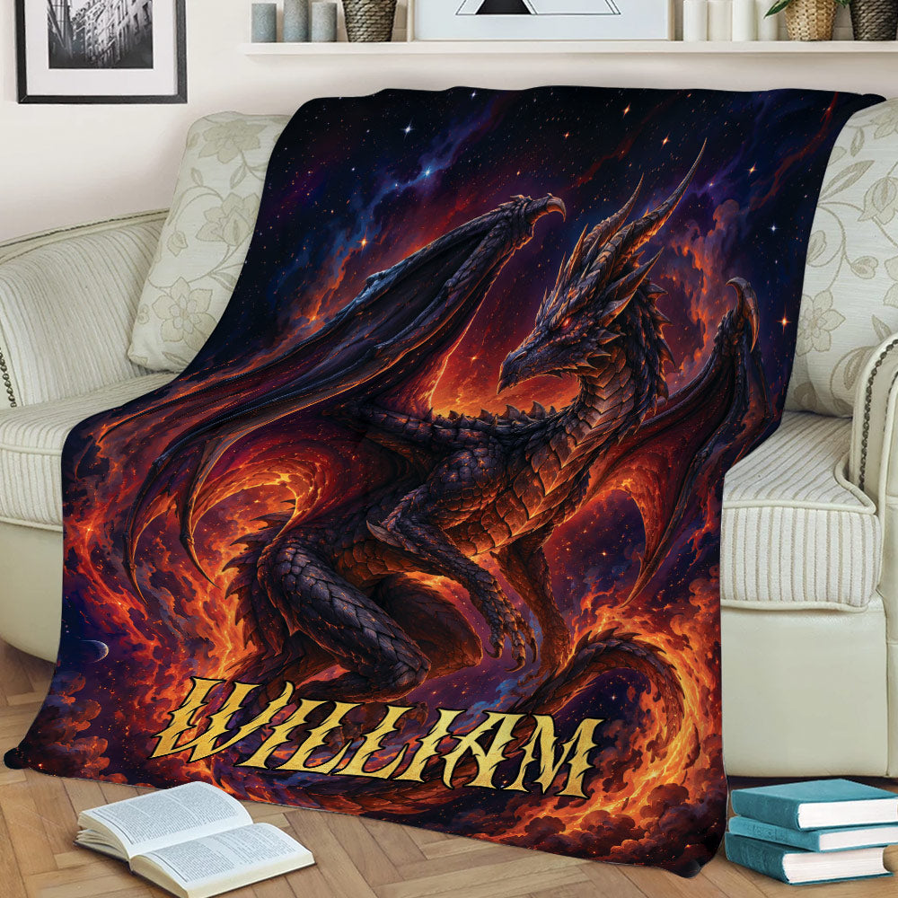 Dramatic dragon throw blanket styled on a couch with glowing fire, wings, and fantasy artwork